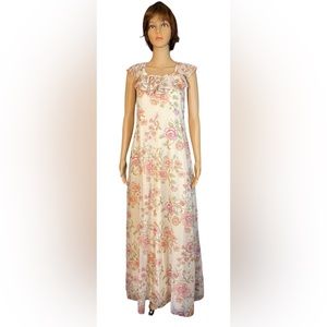 VTG 70s Casual Corner 11 Chiffon Ivory Pastel Floral Print Senorita Maxi Dress